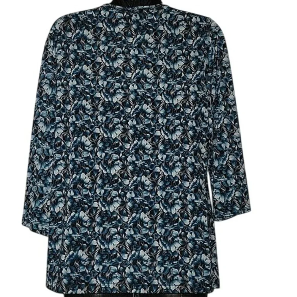 Kim Rogers Womens Floral Blue & Black Long Sleeve Tunic Top With Rosette Necklin - Picture 3 of 4